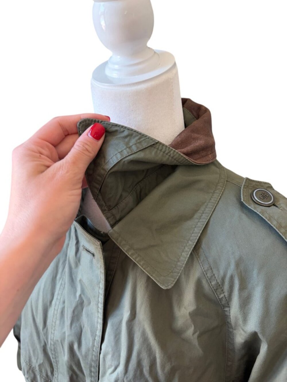 Vintage J Gallery Olive Green Long Trench Coat with Brown Leather Collar Size 12 - Picture 9 of 12